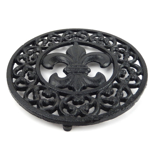 Cast Iron Fleur De Lis Hot Pot Plate Trivet Floral Victorian Style Black 7 3/4"