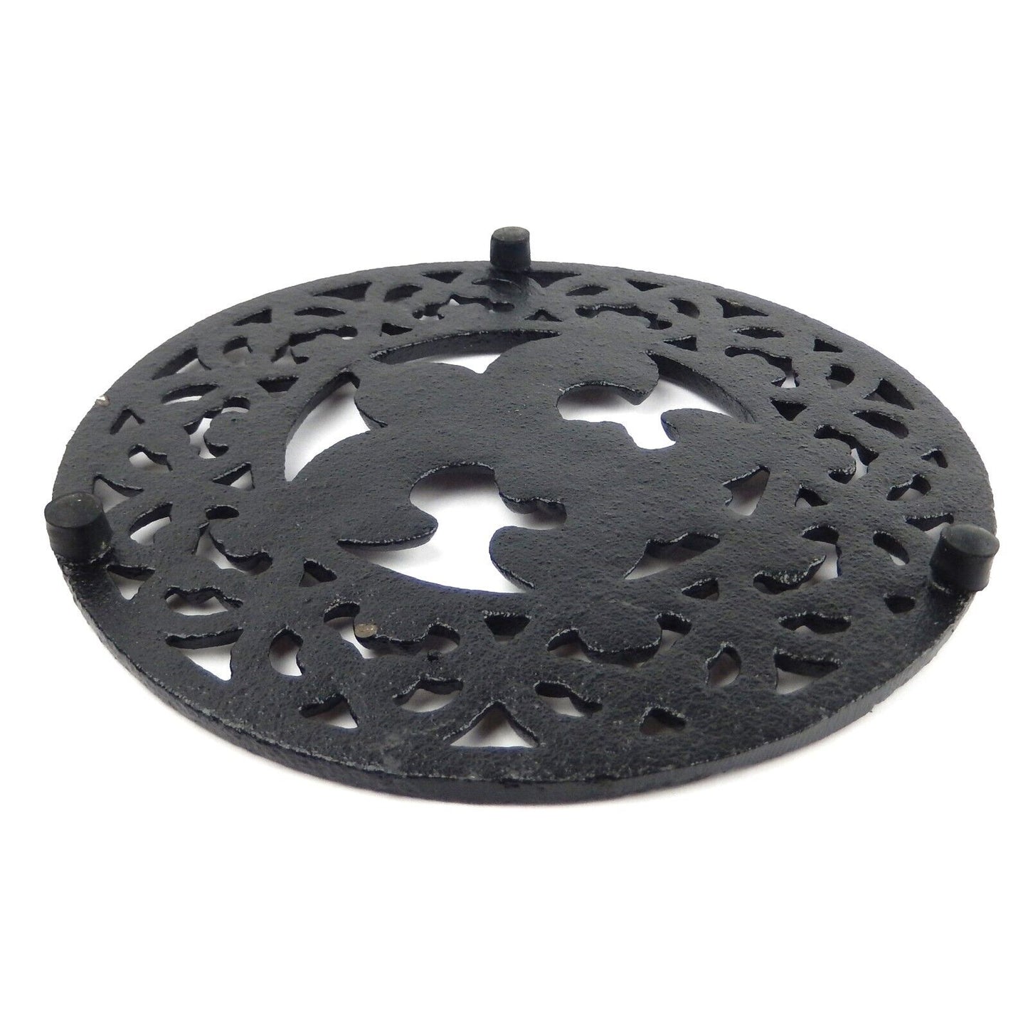 Cast Iron Fleur De Lis Hot Pot Plate Trivet Floral Victorian Style Black 7 3/4"