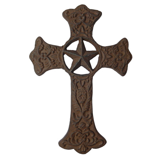 Star Cast Iron Wall Cross Floral Fleur De Lis Accents Antique Style 10.75 inch