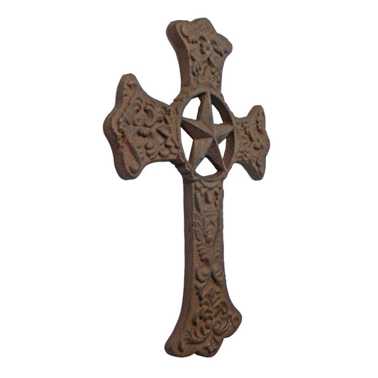 Star Cast Iron Wall Cross Floral Fleur De Lis Accents Antique Style 10.75 inch