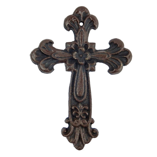Small Cast Iron Wall Cross Floral Fleur De Lis Accents Antique Style 7.5 inch