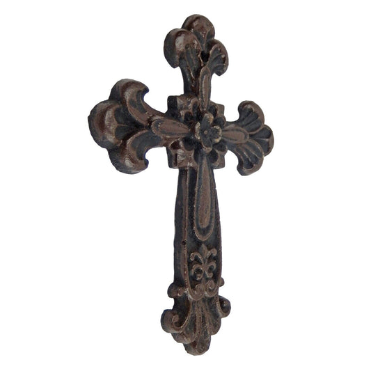 Small Cast Iron Wall Cross Floral Fleur De Lis Accents Antique Style 7.5 inch