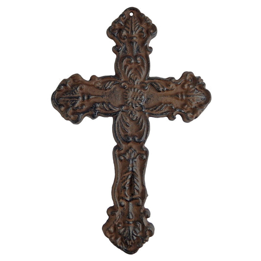 Cast Iron Fleur De Lis Floral Cross Wall Decor Rustic Antique Style Brown 10 in