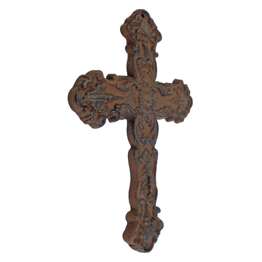 Cast Iron Fleur De Lis Floral Cross Wall Decor Rustic Antique Style Brown 10 in