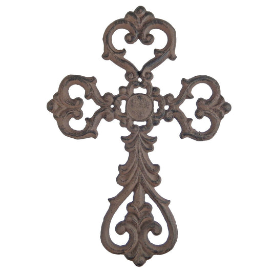 Cast Iron Ornate Fleur De Lis Floral Cross Wall Decor Antique Style Brown 10.75"