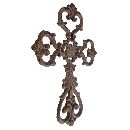 Cast Iron Ornate Fleur De Lis Floral Cross Wall Decor Antique Style Brown 10.75"