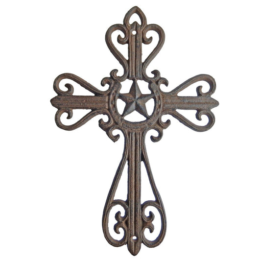 Cast Iron Horseshoe Star Wall Cross Scrolls Western Antique Style 11.75 inch