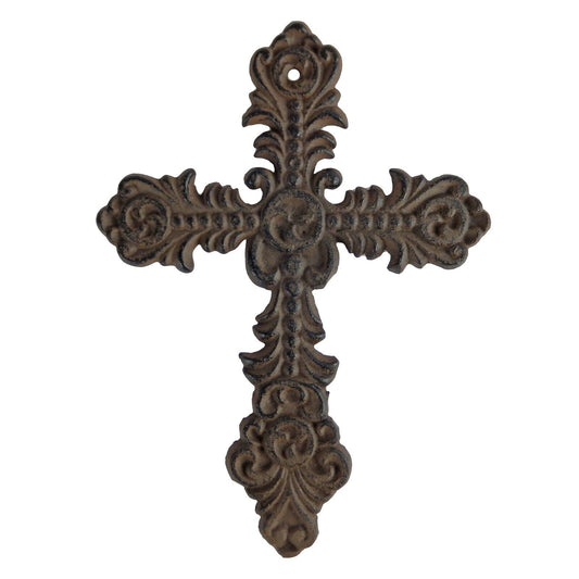 Small Cast Iron Wall Cross Floral Fleur De Lis Accents Antique Style 7 x 5 inch