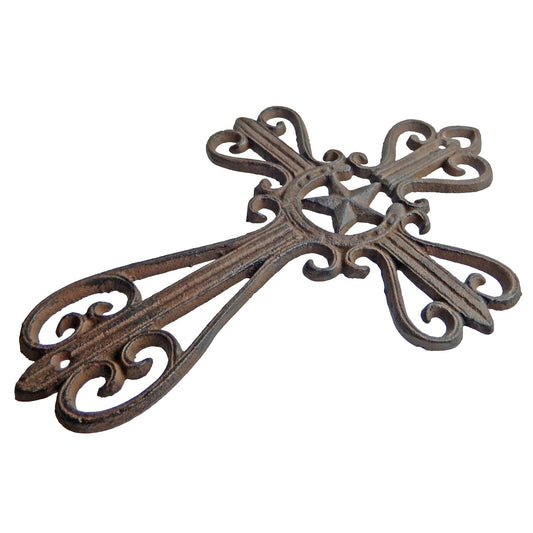 Cast Iron Horseshoe Star Wall Cross Scrolls Western Antique Style 11.75 inch