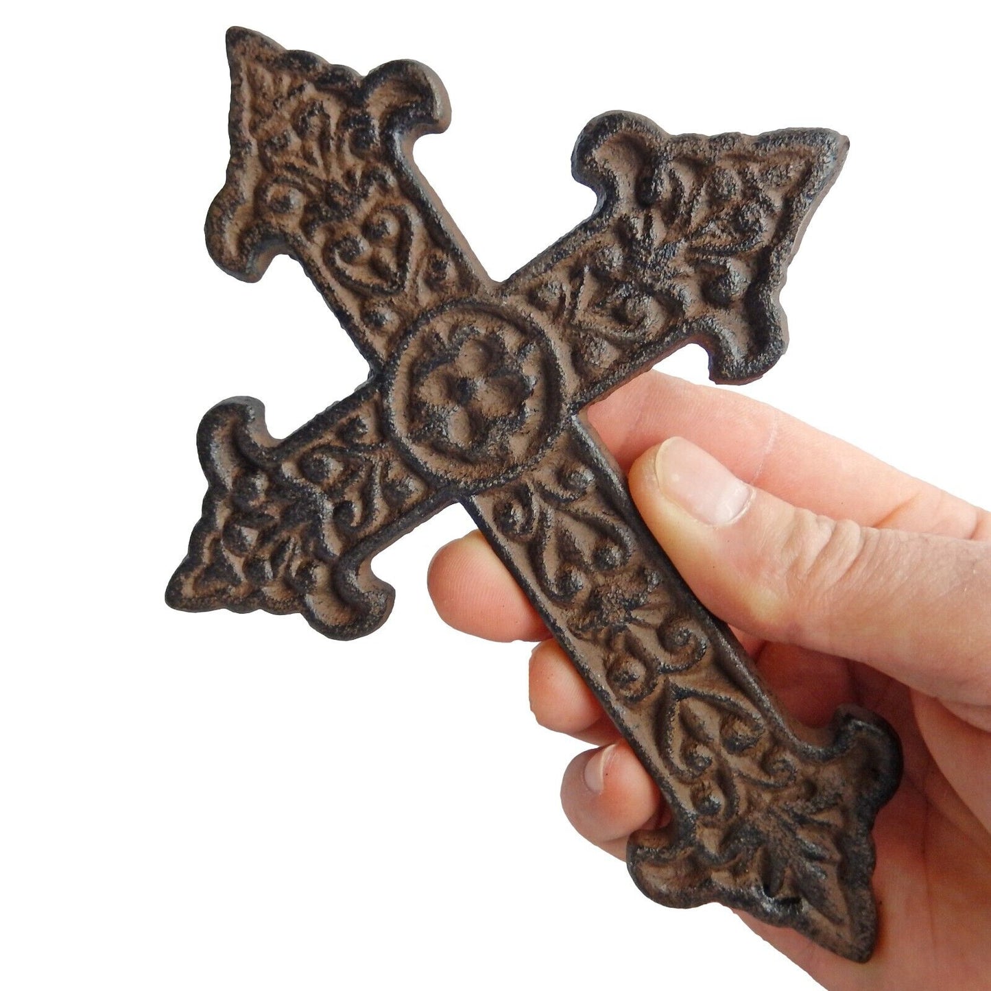 Cast Iron Ornate Fleur De Lis Floral Cross Wall Decor Antique Brown 7 1/4 inch