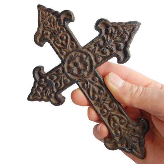 Cast Iron Ornate Fleur De Lis Floral Cross Wall Decor Antique Brown 7 1/4 inch