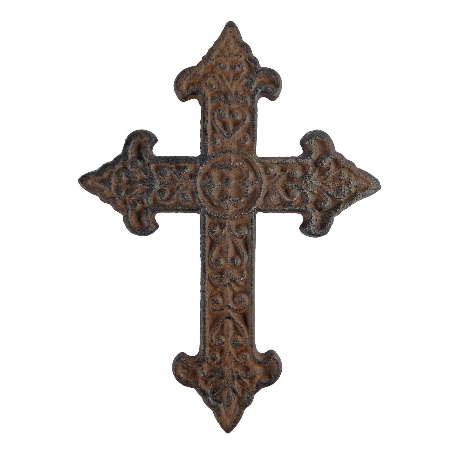 Cast Iron Ornate Fleur De Lis Floral Cross Wall Decor Antique Brown 7 1/4 inch