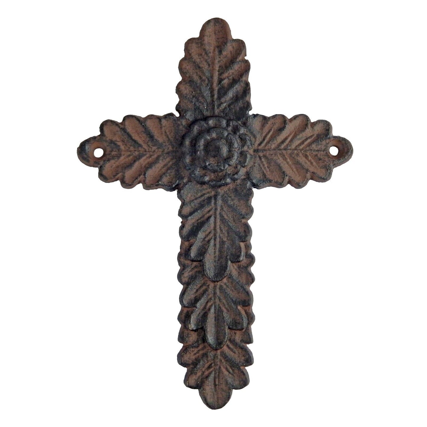 Small Cast Iron Flower Wall Cross Leaf Pattern Rustic Antique Brown 8 inch