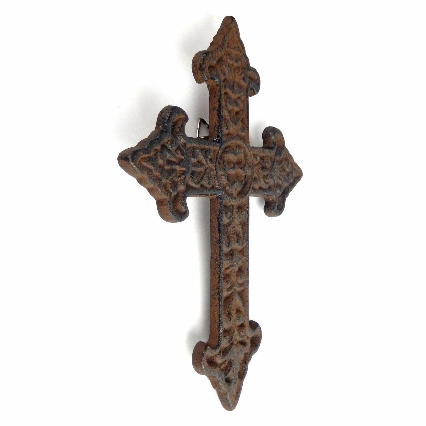Cast Iron Ornate Fleur De Lis Floral Cross Wall Decor Antique Brown 7 1/4 inch