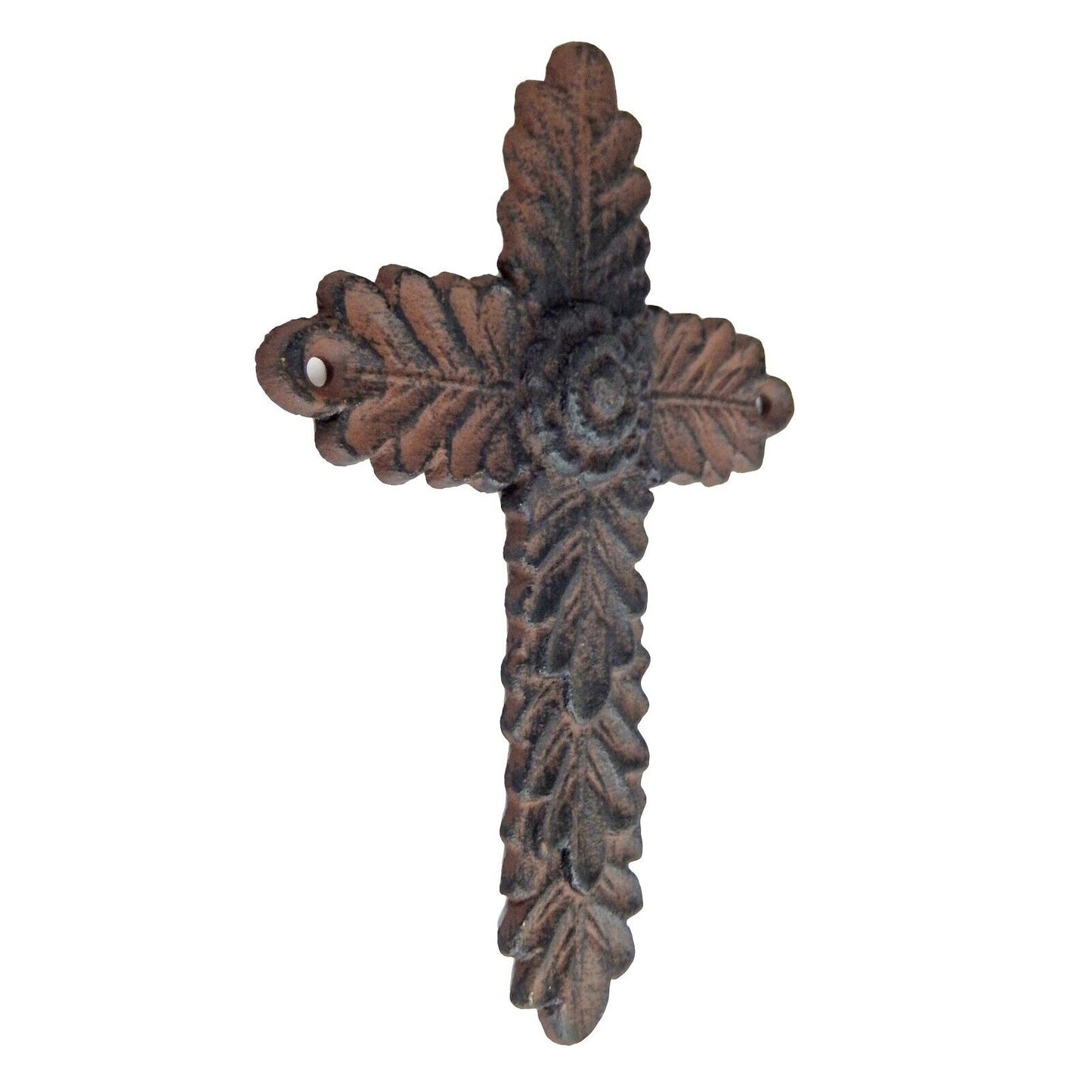 Small Cast Iron Flower Wall Cross Leaf Pattern Rustic Antique Brown 8 inch