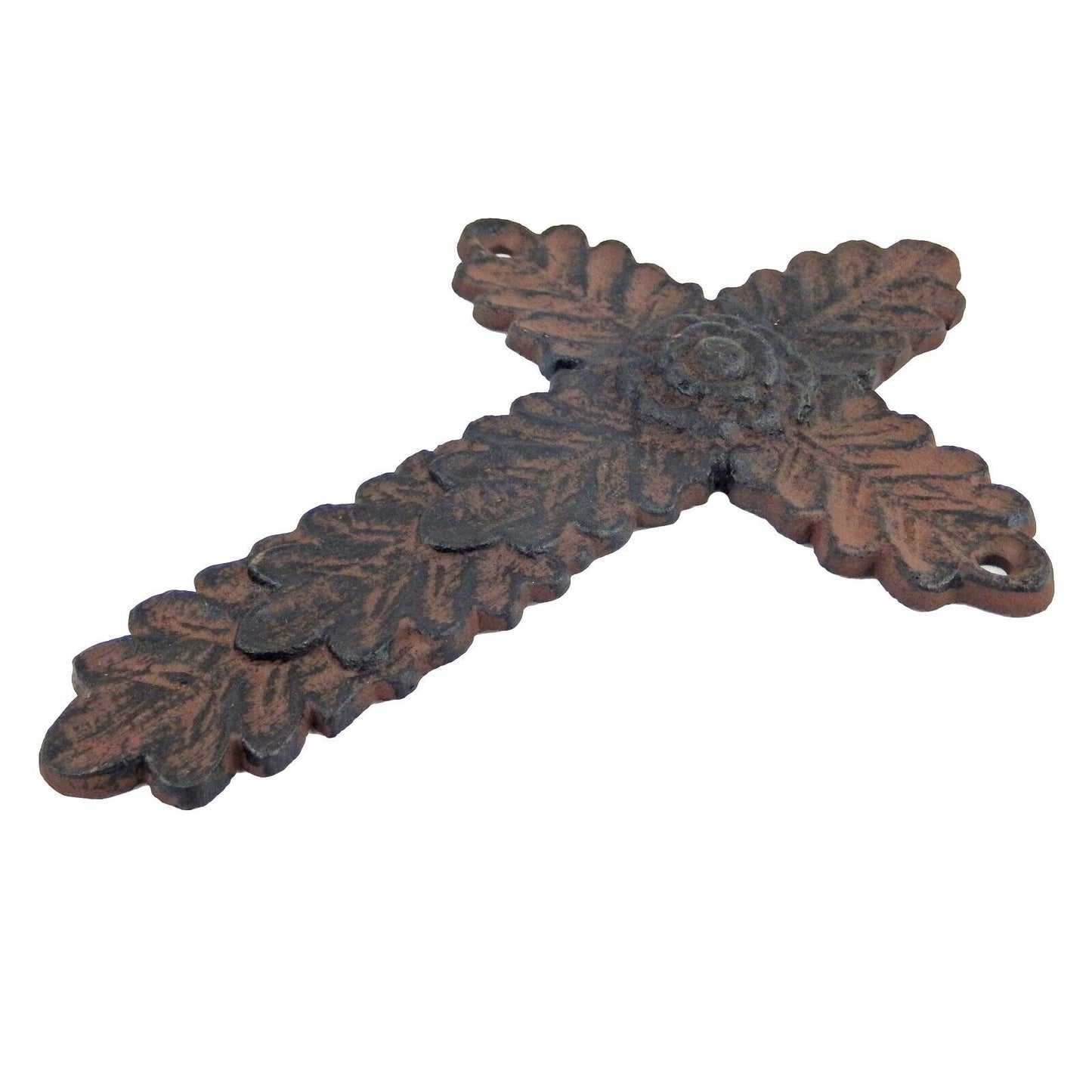 Small Cast Iron Flower Wall Cross Leaf Pattern Rustic Antique Brown 8 inch