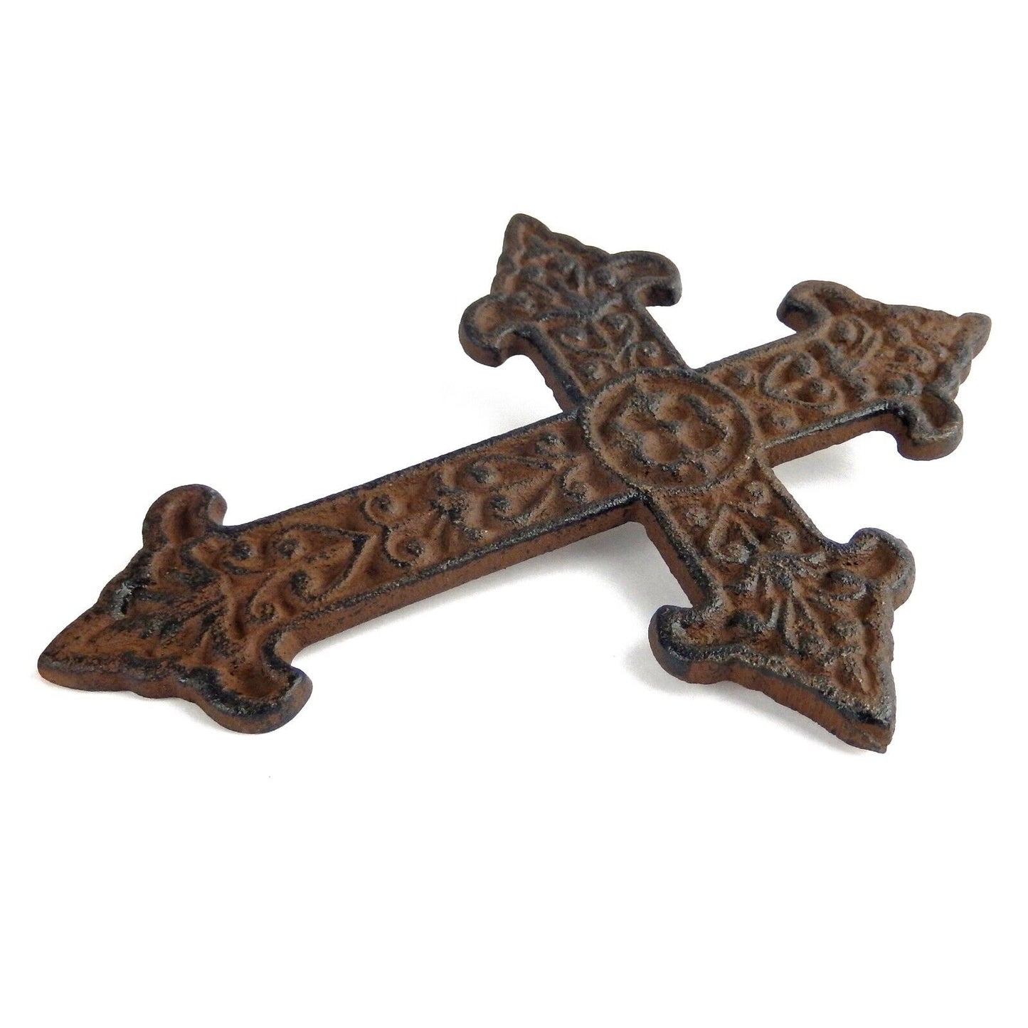 Cast Iron Ornate Fleur De Lis Floral Cross Wall Decor Antique Brown 7 1/4 inch