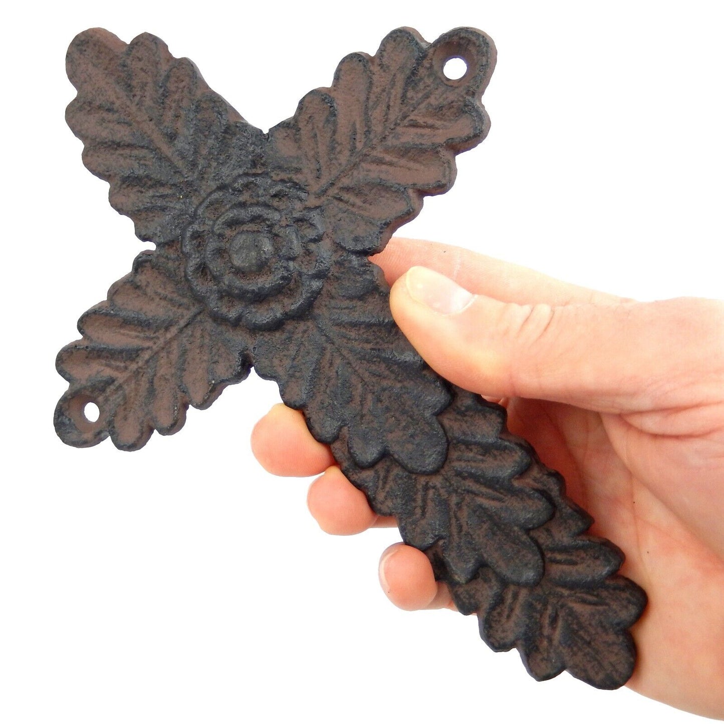 Small Cast Iron Flower Wall Cross Leaf Pattern Rustic Antique Brown 8 inch