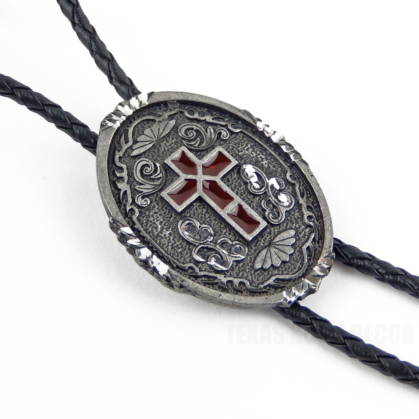 Oval Red Enamel Cross Floral Bolo Tie Black 36 in Braided Cord Made in USA