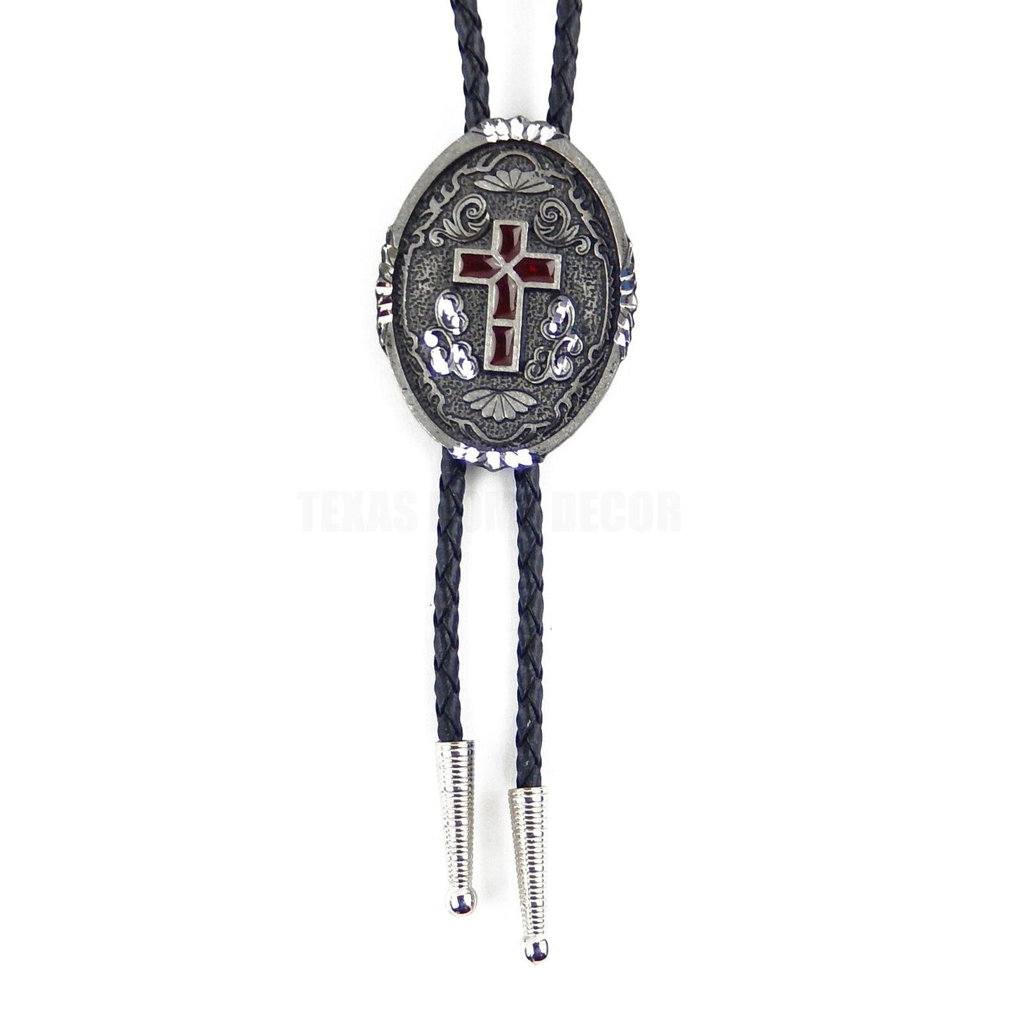 Oval Red Enamel Cross Floral Bolo Tie Black 36 in Braided Cord Made in USA