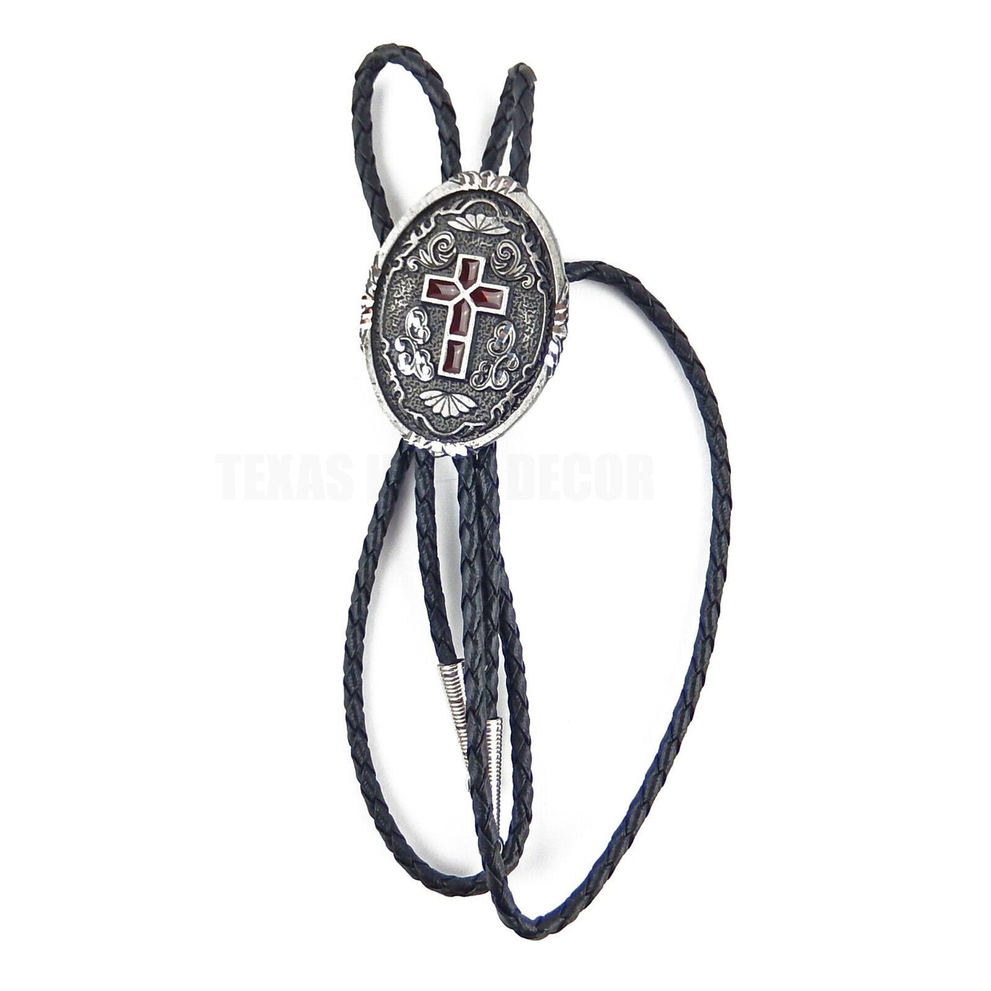 Oval Red Enamel Cross Floral Bolo Tie Black 36 in Braided Cord Made in USA