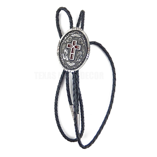 Oval Red Enamel Cross Floral Bolo Tie Black 36 in Braided Cord Made in USA