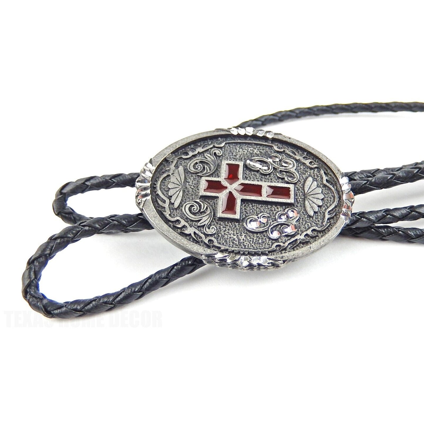 Oval Red Enamel Cross Floral Bolo Tie Black 36 in Braided Cord Made in USA