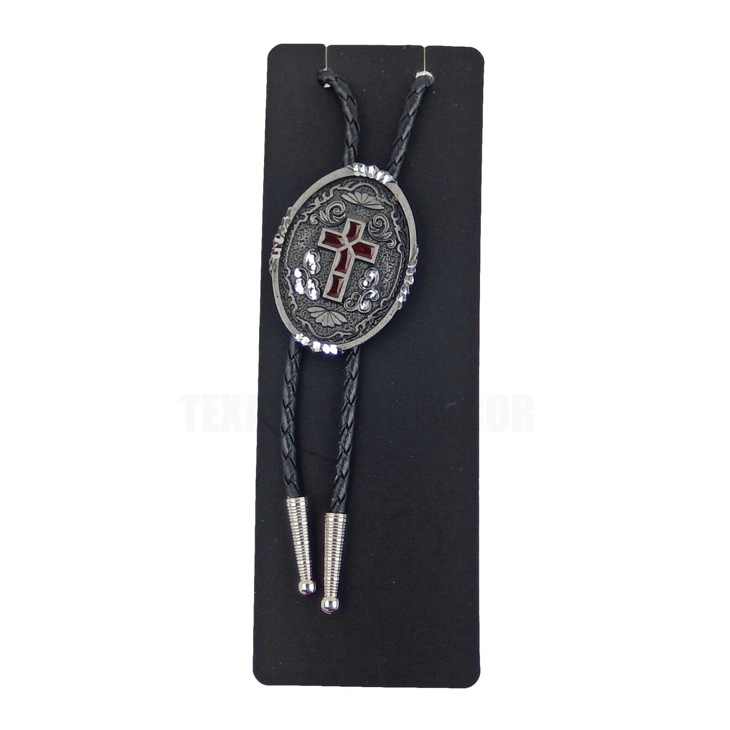 Oval Red Enamel Cross Floral Bolo Tie Black 36 in Braided Cord Made in USA