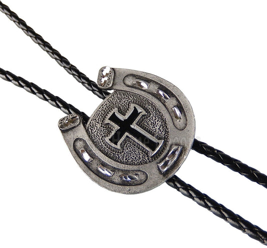 Horseshoe Cross Enamel Bolo Tie Adjustable 35" Braided Cord Silver Tips USA Made