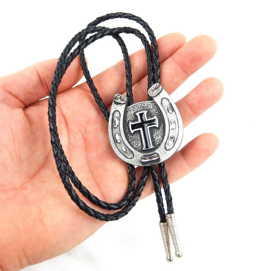 Horseshoe Cross Enamel Bolo Tie Adjustable 35" Braided Cord Silver Tips USA Made