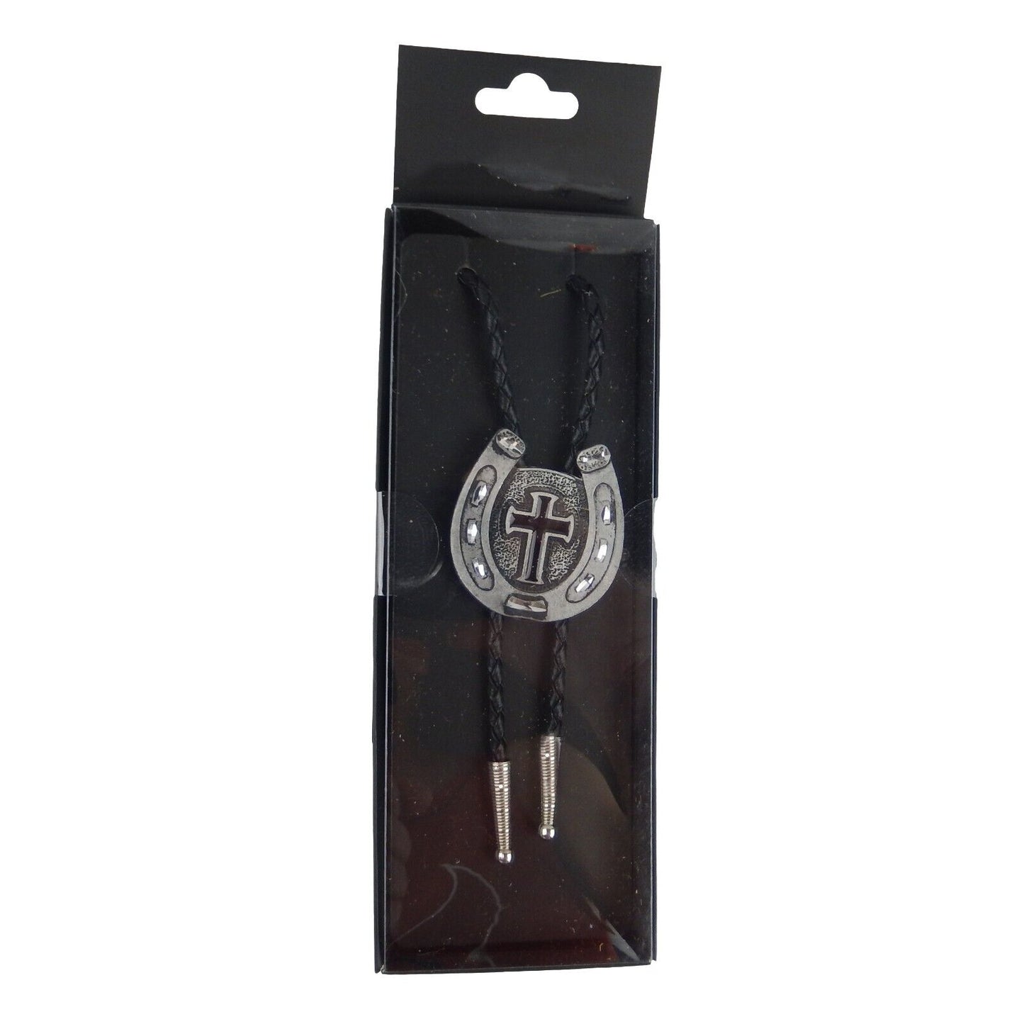 Horseshoe Cross Enamel Bolo Tie Adjustable 35" Braided Cord Silver Tips USA Made