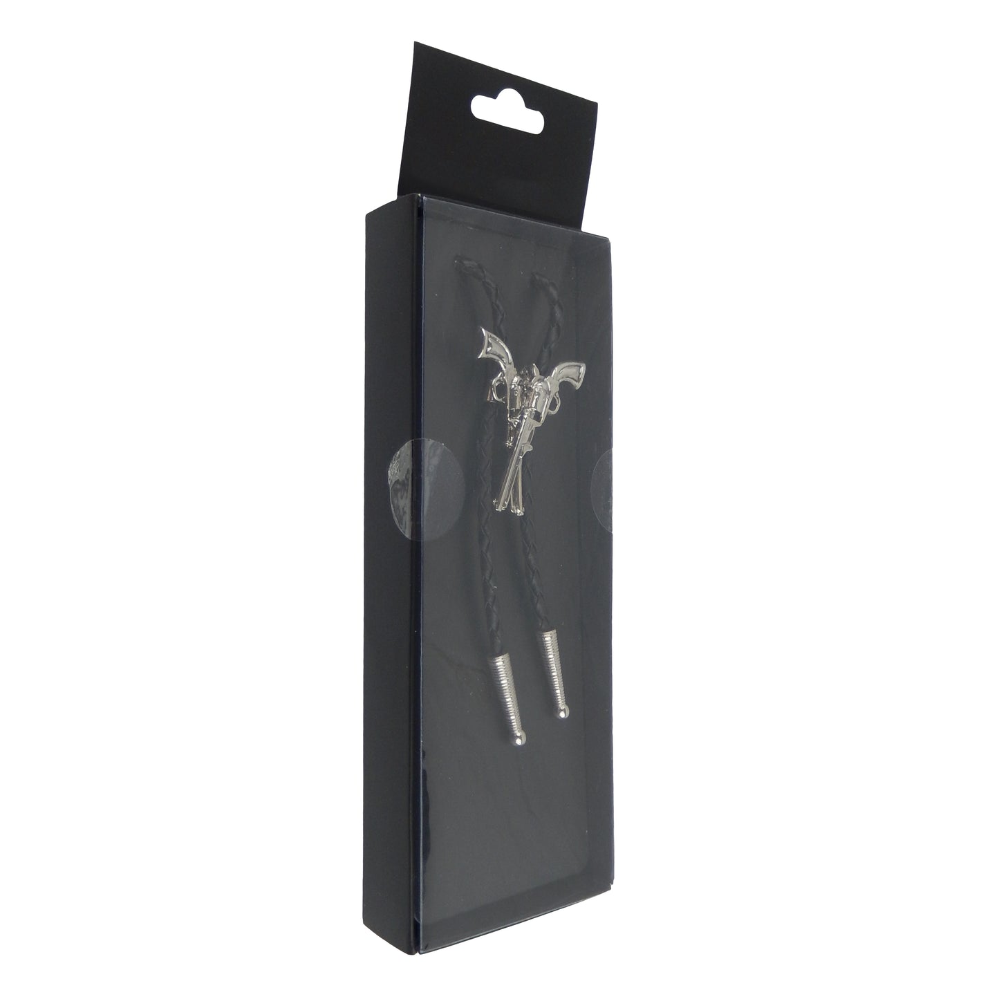 Crossed Guns Bolo Tie Western Pistols Silver Tone 36" Braided Faux Leather Cord