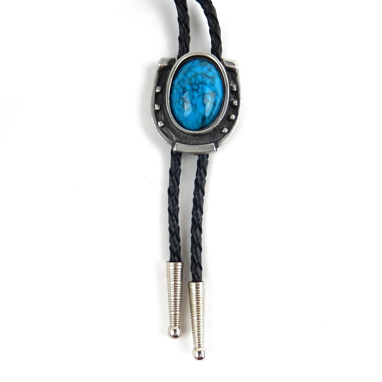 Horseshoe Blue Stone Bolo Tie Antique Silver 36 inch Black Cord Made in USA