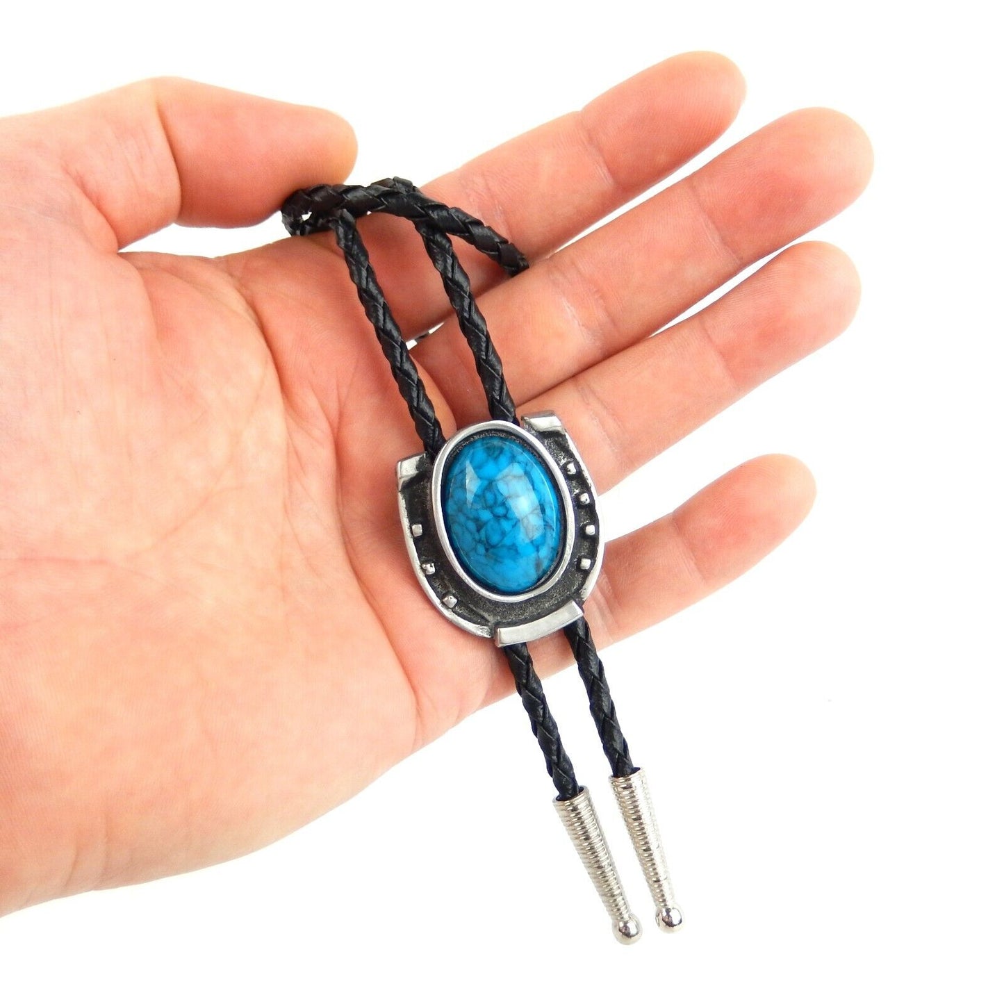 Horseshoe Blue Stone Bolo Tie Antique Silver 36 inch Black Cord Made in USA