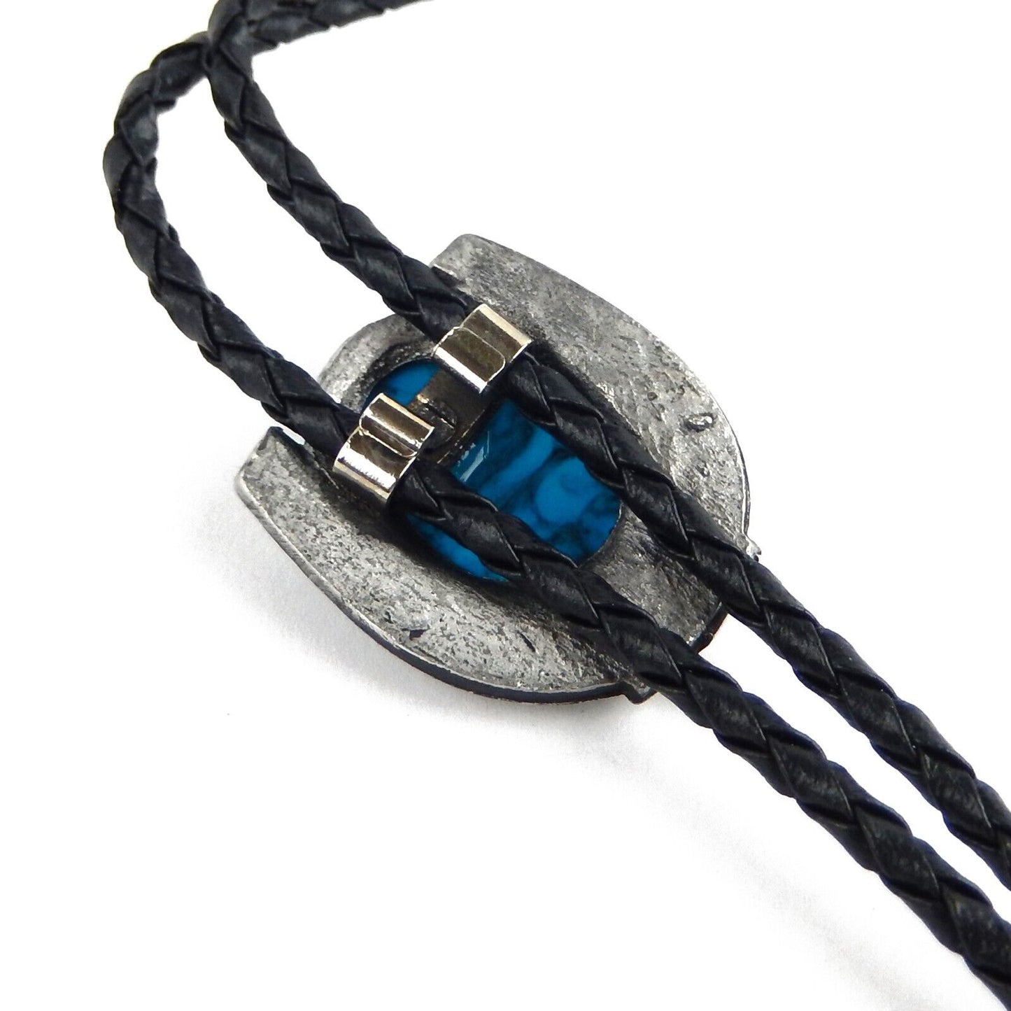 Horseshoe Blue Stone Bolo Tie Antique Silver 36 inch Black Cord Made in USA