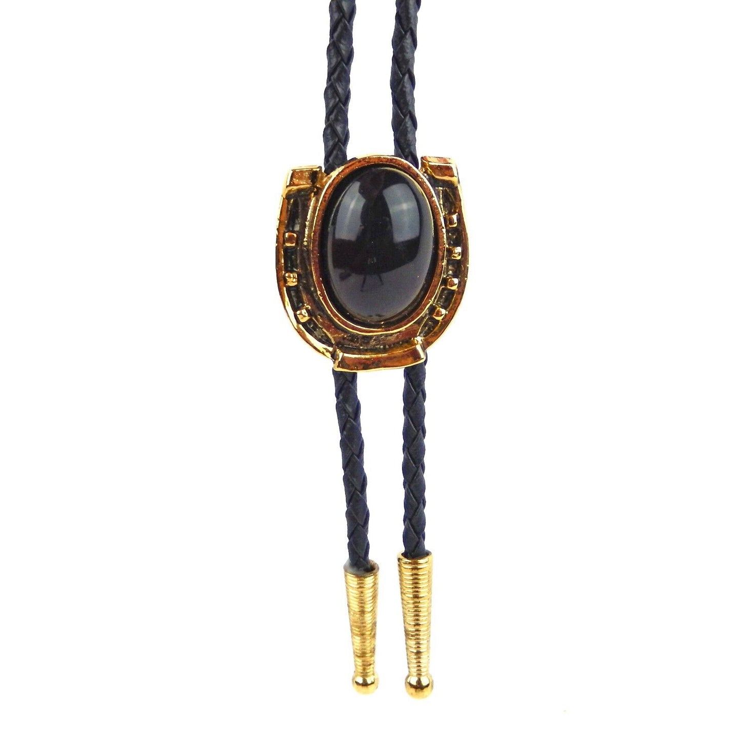 Horseshoe Black Onyx Stone Bolo Tie Antique Gold 36 inch Cord Made in USA