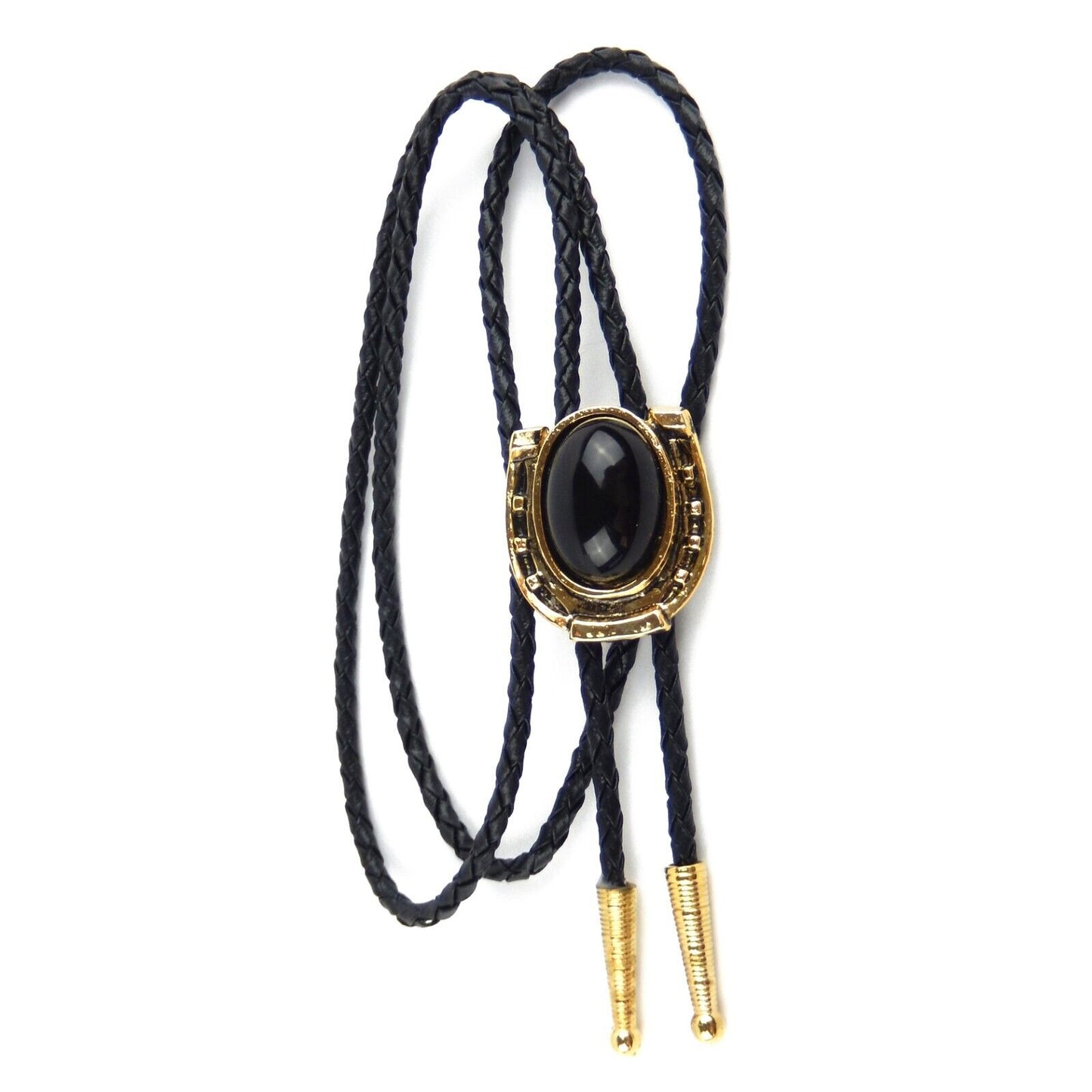 Horseshoe Black Onyx Stone Bolo Tie Antique Gold 36 inch Cord Made in USA