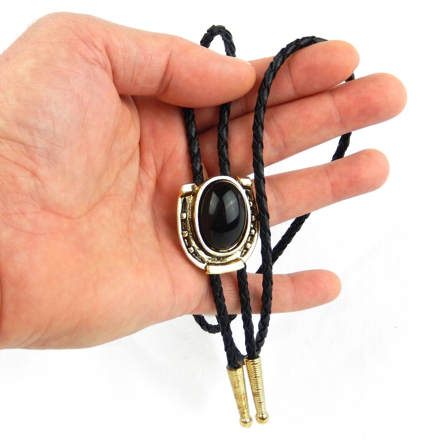 Horseshoe Black Onyx Stone Bolo Tie Antique Gold 36 inch Cord Made in USA