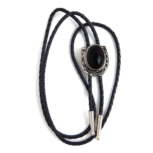 Horseshoe Black Onyx Stone Bolo Tie Antique Silver 36 inch Cord Made in USA