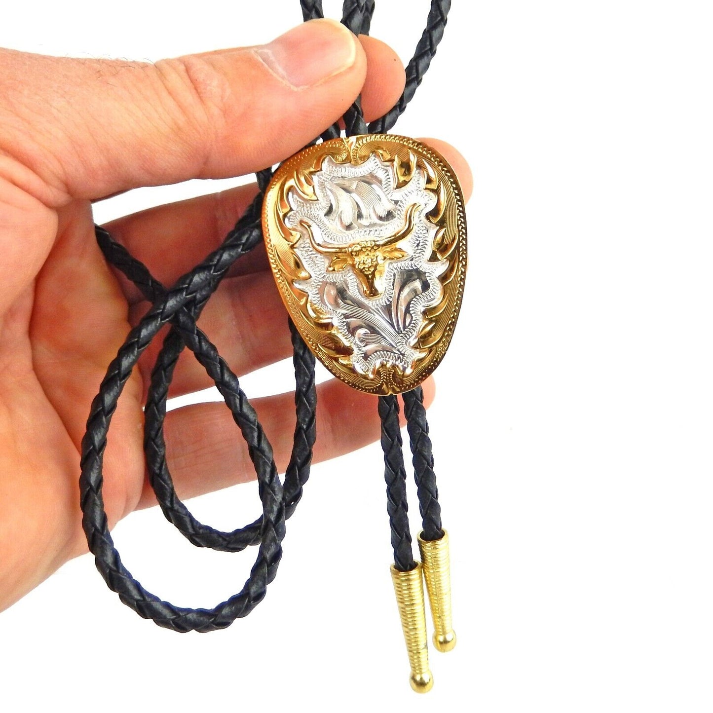 Longhorn Bolo Tie German Silver Gold Tone Adjustable 36 inch Cord Made in USA