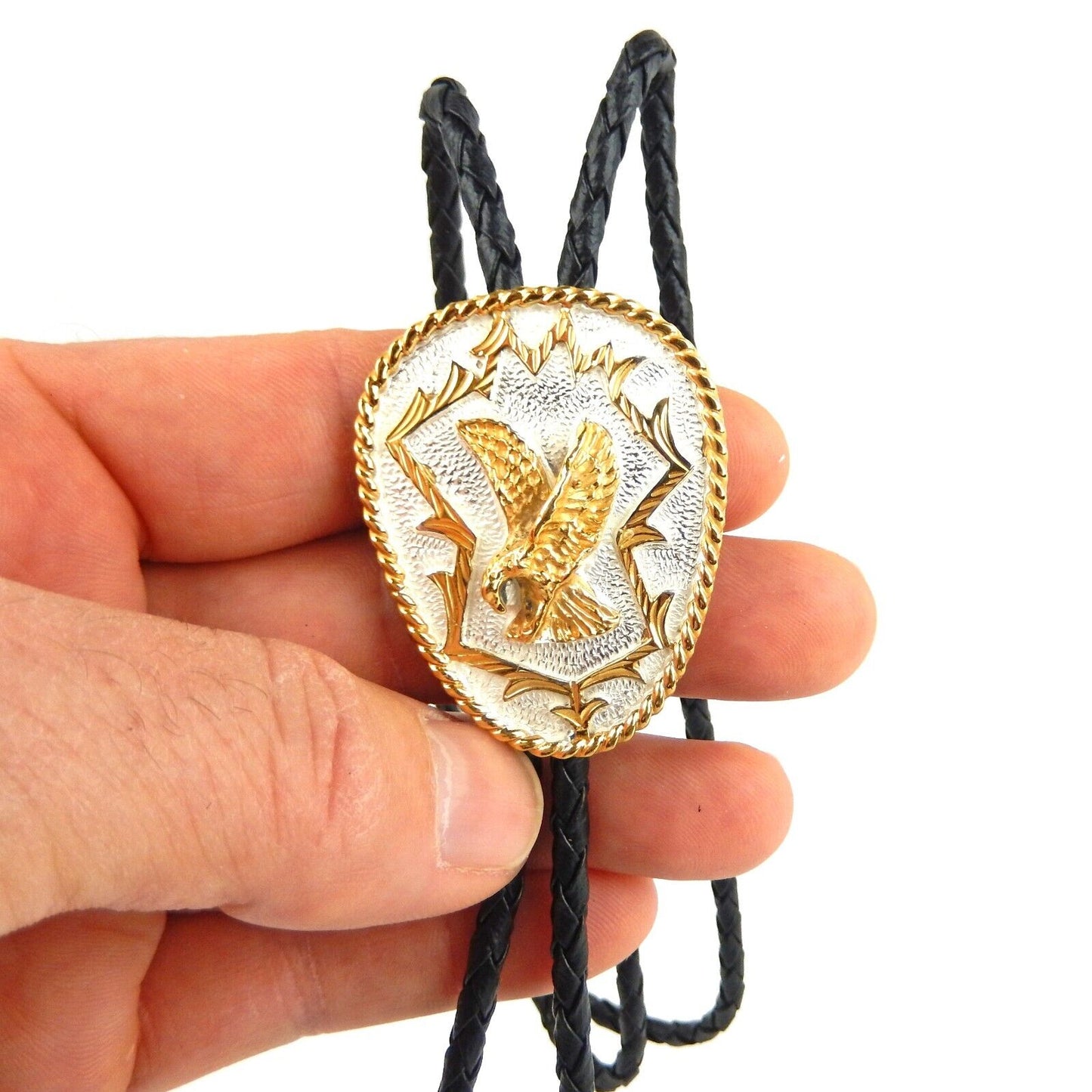 Eagle Bolo Tie German Silver Gold Tone Adjustable 36 inch Cord Made in USA