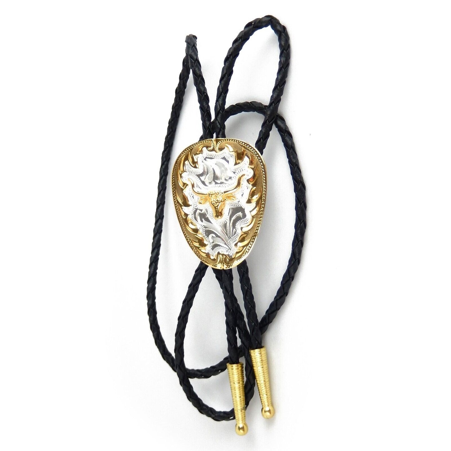 Longhorn Bolo Tie German Silver Gold Tone Adjustable 36 inch Cord Made in USA