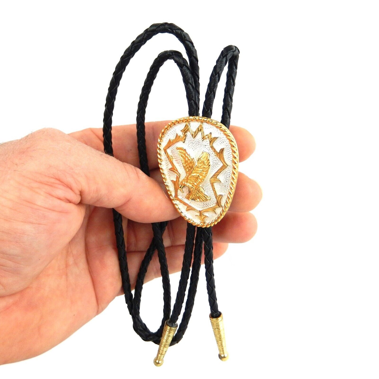 Eagle Bolo Tie German Silver Gold Tone Adjustable 36 inch Cord Made in USA