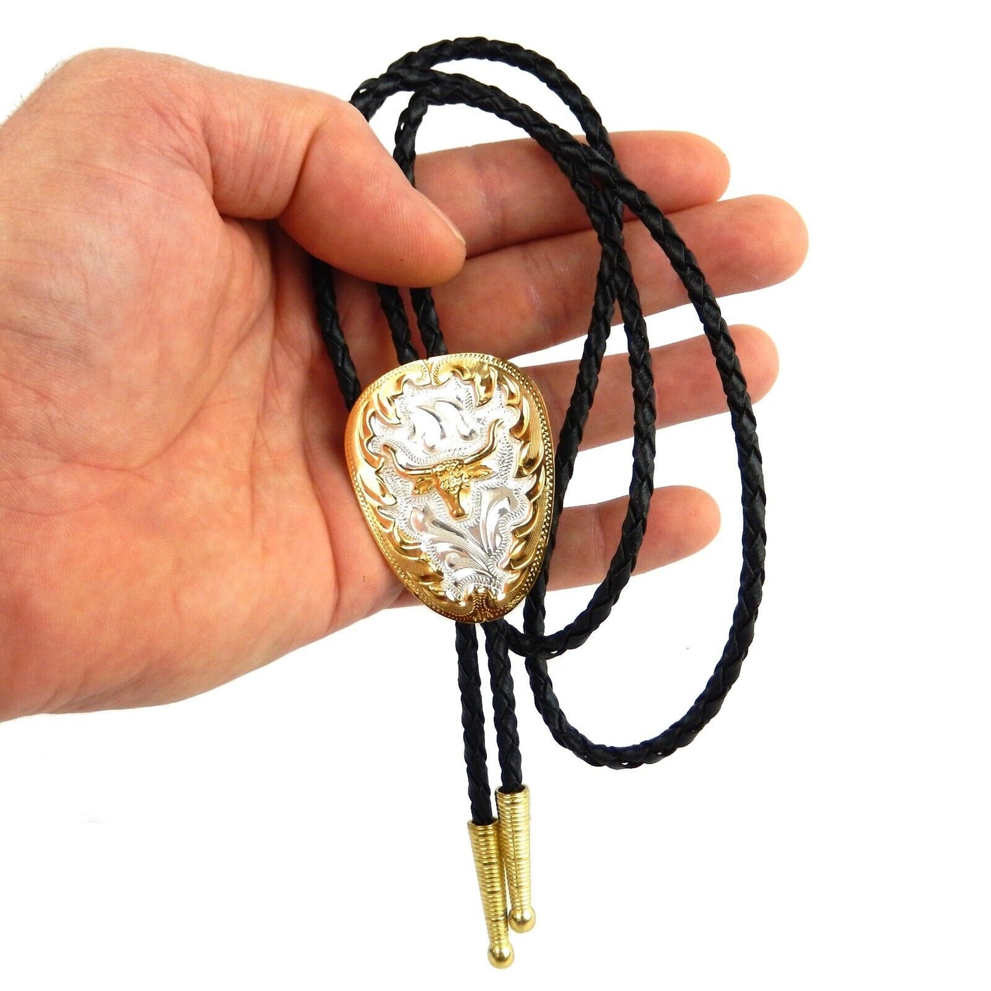 Longhorn Bolo Tie German Silver Gold Tone Adjustable 36 inch Cord Made in USA