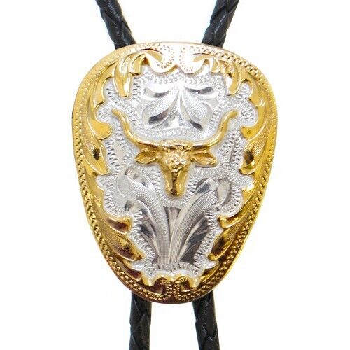Longhorn Bolo Tie German Silver Gold Tone Adjustable 36 inch Cord Made in USA