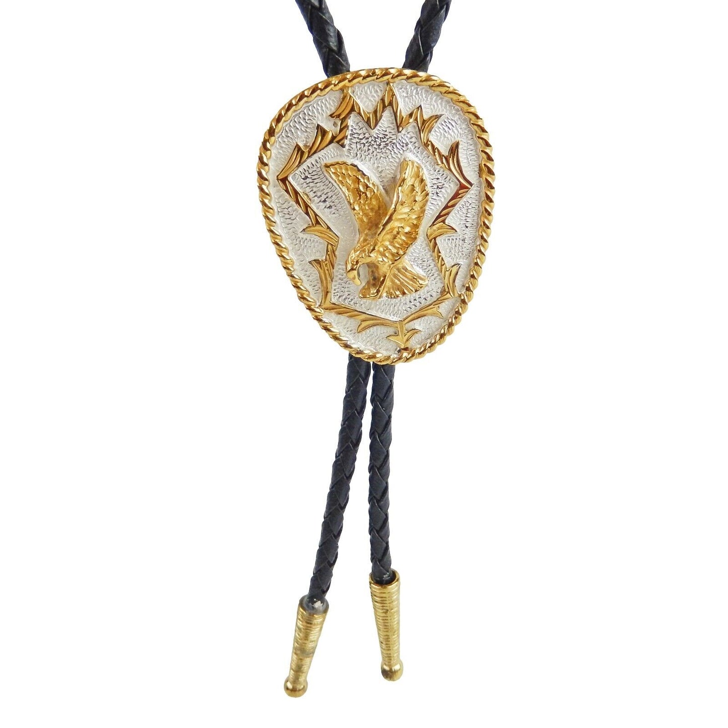 Eagle Bolo Tie German Silver Gold Tone Adjustable 36 inch Cord Made in USA