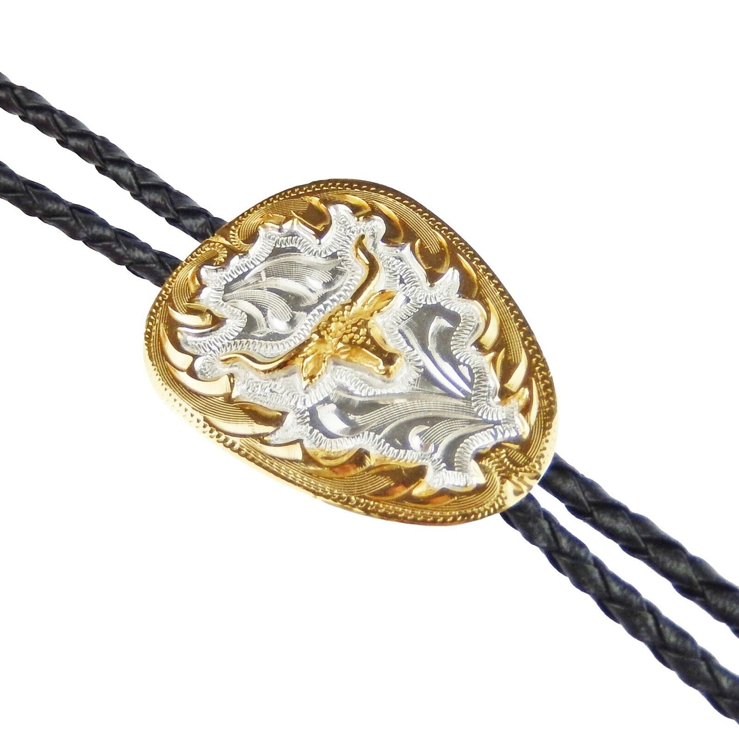 Longhorn Bolo Tie German Silver Gold Tone Adjustable 36 inch Cord Made in USA