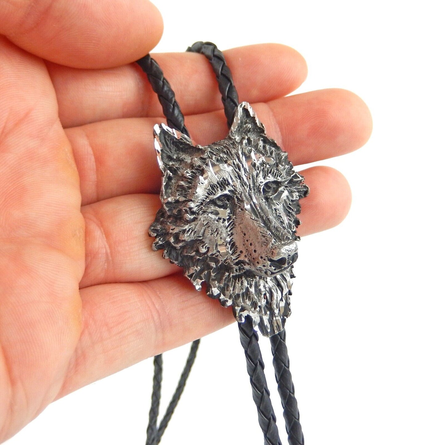 Wolf Head Bolo Tie Adjustable 36 inch Black Cord Antique Silver Made in USA