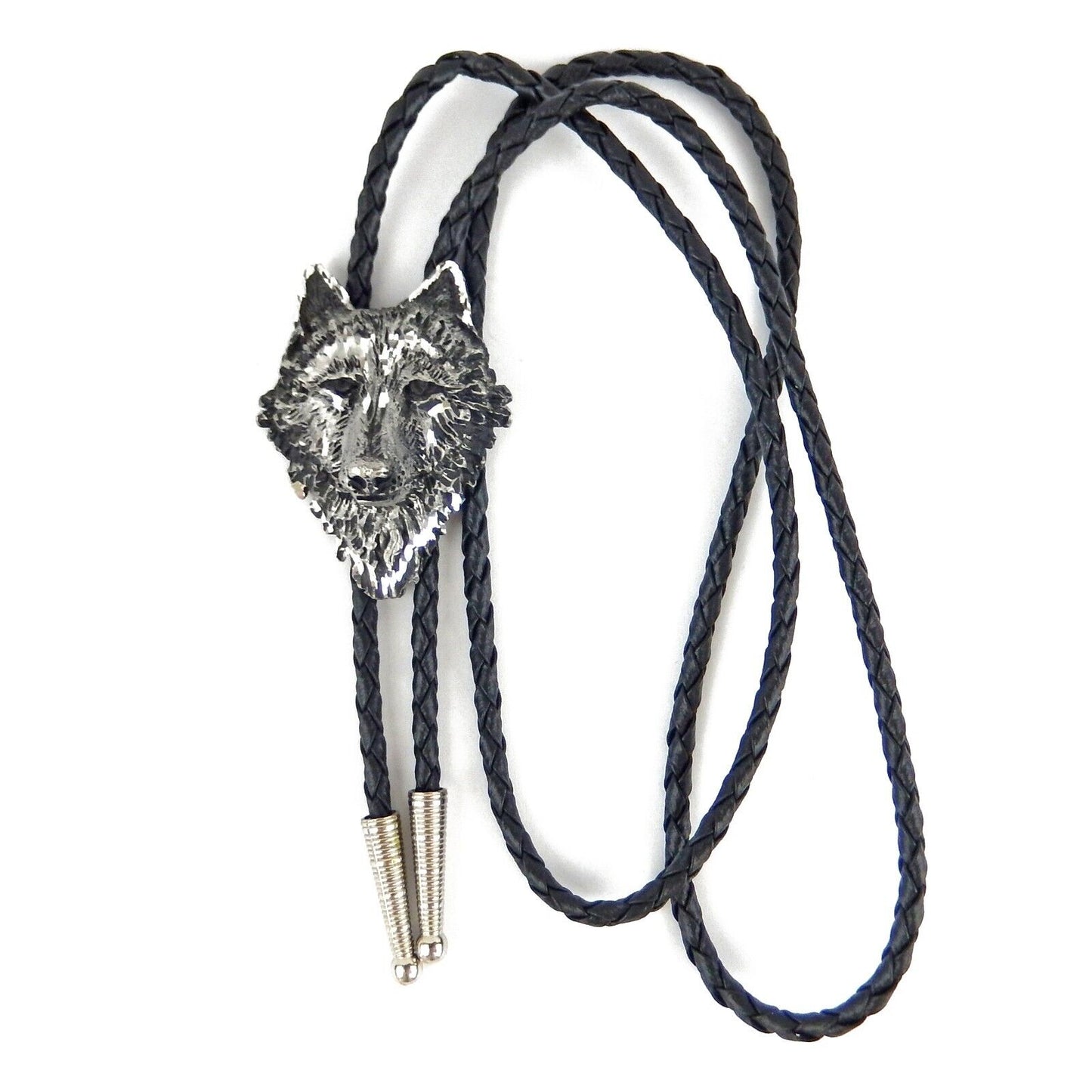 Wolf Head Bolo Tie Adjustable 36 inch Black Cord Antique Silver Made in USA