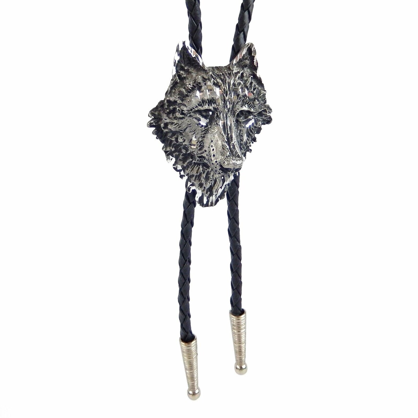 Wolf Head Bolo Tie Adjustable 36 inch Black Cord Antique Silver Made in USA